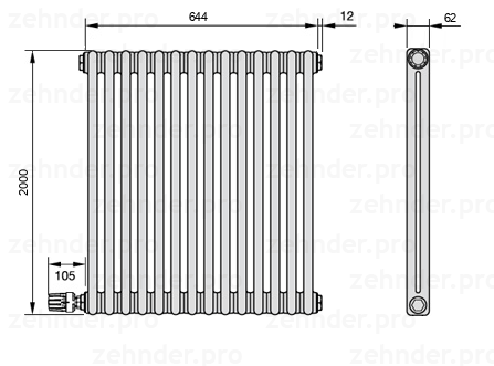 Схема (чертеж) Радиатор Zehnder Charleston 2200/14 №V003 Белый глянцевый RAL 9016